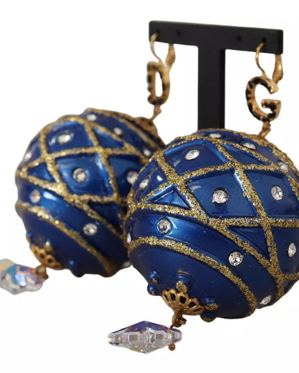 Dolce & Gabbana Gold Brass Blue Christmas Ball Crystal Hook Jewelry Earrings