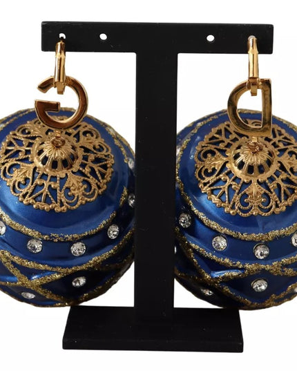 Dolce & Gabbana Gold Brass Blue Christmas Ball Crystal Hook Jewelry Earrings