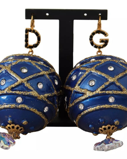 Dolce & Gabbana Gold Brass Blue Christmas Ball Crystal Hook Jewelry Earrings