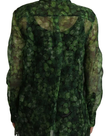 Dolce & Gabbana Green Clover Print Long Sleeves Collared Top Blouse