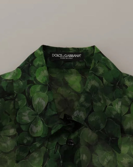 Dolce & Gabbana Green Clover Print Long Sleeves Collared Top Blouse