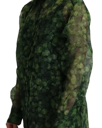 Dolce & Gabbana Green Clover Print Long Sleeves Collared Top Blouse