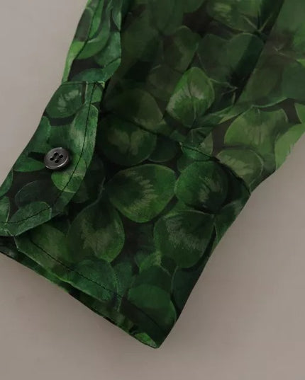 Dolce & Gabbana Green Clover Print Long Sleeves Collared Top Blouse