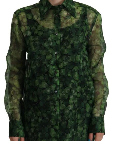 Dolce & Gabbana Green Clover Print Long Sleeves Collared Top Blouse