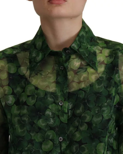 Dolce & Gabbana Green Clover Print Long Sleeves Collared Top Blouse