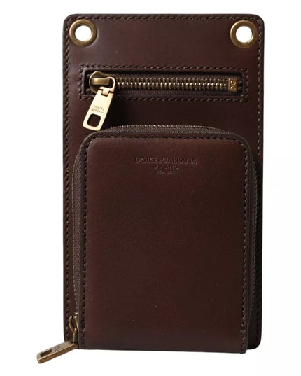 Dolce & Gabbana Brown Calf Leather Zip Logo Shoulder Neck Strap Wallet