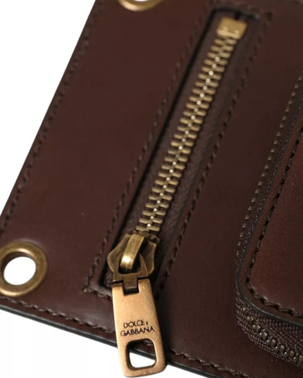 Dolce & Gabbana Brown Calf Leather Zip Logo Shoulder Neck Strap Wallet