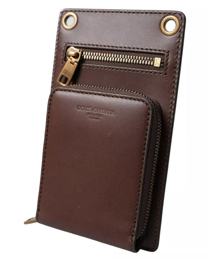 Dolce & Gabbana Brown Calf Leather Zip Logo Shoulder Neck Strap Wallet