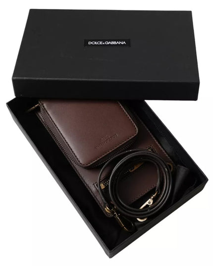 Dolce & Gabbana Brown Calf Leather Zip Logo Shoulder Neck Strap Wallet
