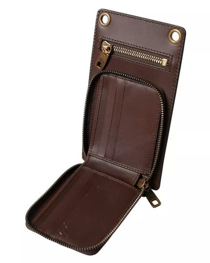 Dolce & Gabbana Brown Calf Leather Zip Logo Shoulder Neck Strap Wallet