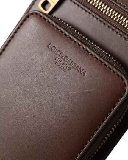 Dolce & Gabbana Brown Calf Leather Zip Logo Shoulder Neck Strap Wallet