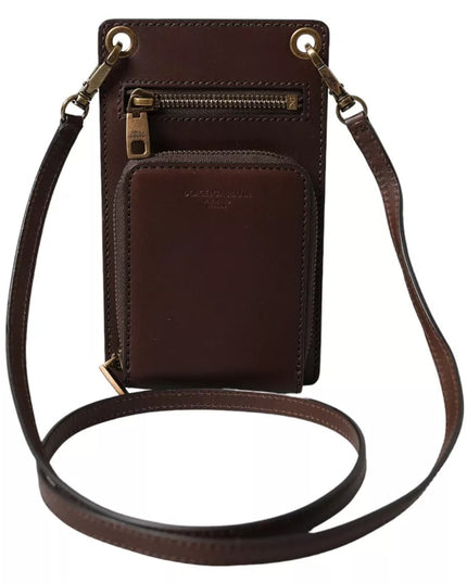 Dolce & Gabbana Brown Calf Leather Zip Logo Shoulder Neck Strap Wallet