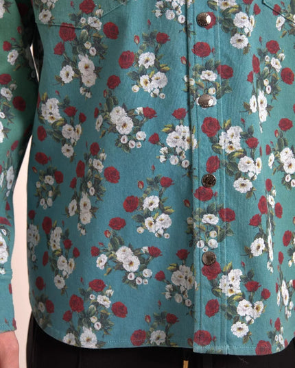 Dolce & Gabbana Blue Floral Cotton Button Down Denim Shirt