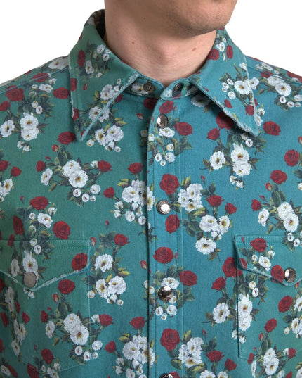 Dolce & Gabbana Blue Floral Cotton Button Down Denim Shirt