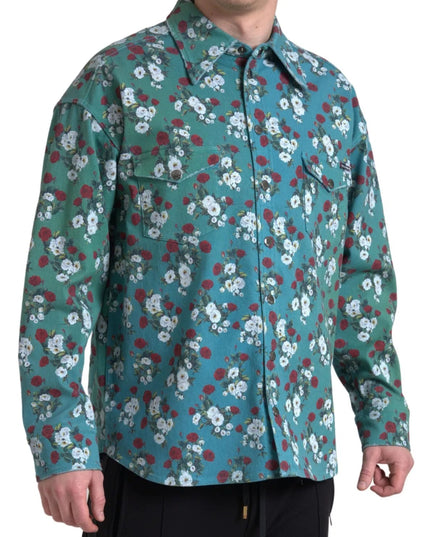 Dolce & Gabbana Blue Floral Cotton Button Down Denim Shirt