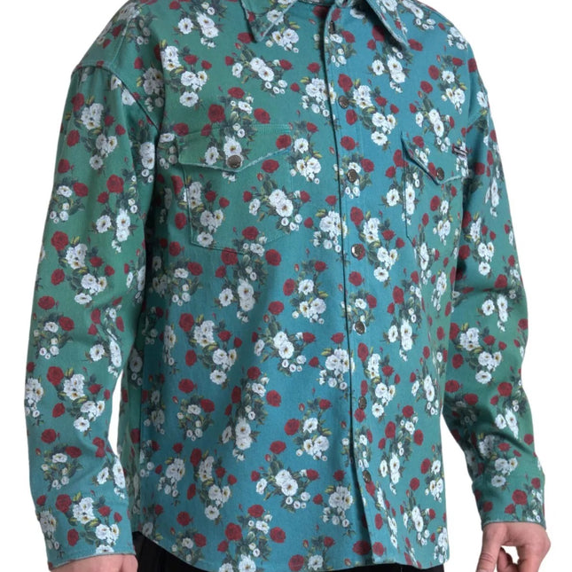 Dolce & Gabbana Blue Floral Cotton Button Down Denim Shirt