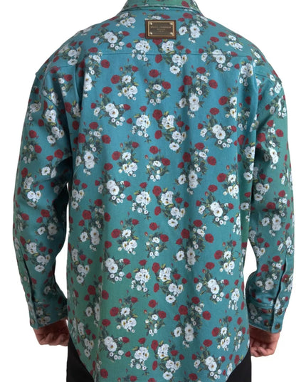 Dolce & Gabbana Blue Floral Cotton Button Down Denim Shirt