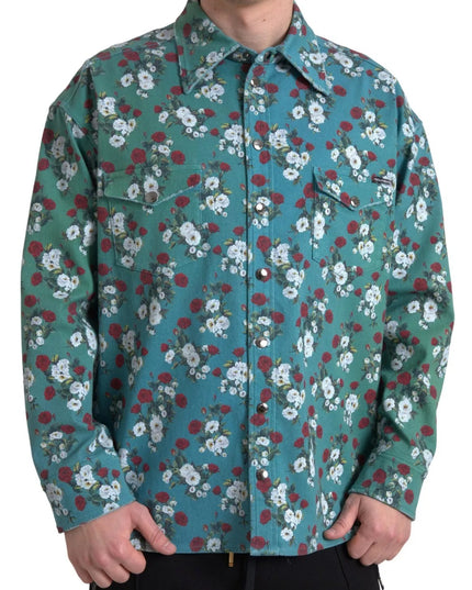 Dolce & Gabbana Blue Floral Cotton Button Down Denim Shirt