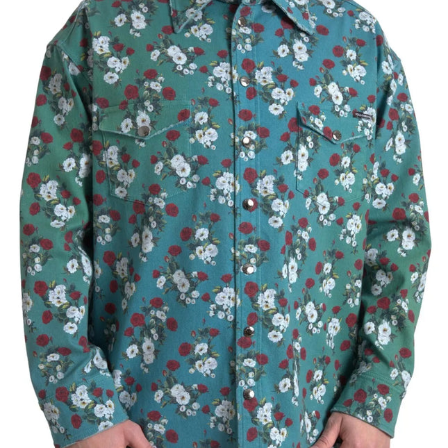 Dolce & Gabbana Blue Floral Cotton Button Down Denim Shirt