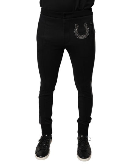 Dolce & Gabbana Black Horseshoe Embellished Wool Slim Fit Pants