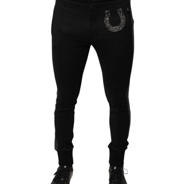 Dolce & Gabbana Black Horseshoe Embellished Wool Slim Fit Pants