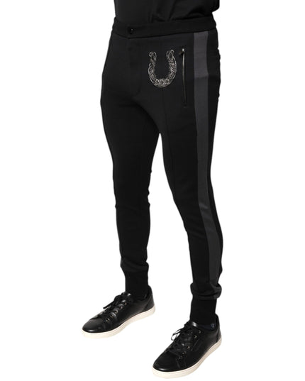 Dolce & Gabbana Black Horseshoe Embellished Wool Slim Fit Pants