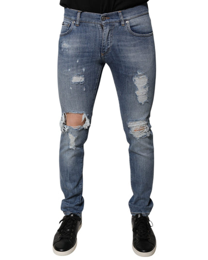 Dolce & Gabbana Blue Tattered Cotton Stretch Skinny Denim Jeans
