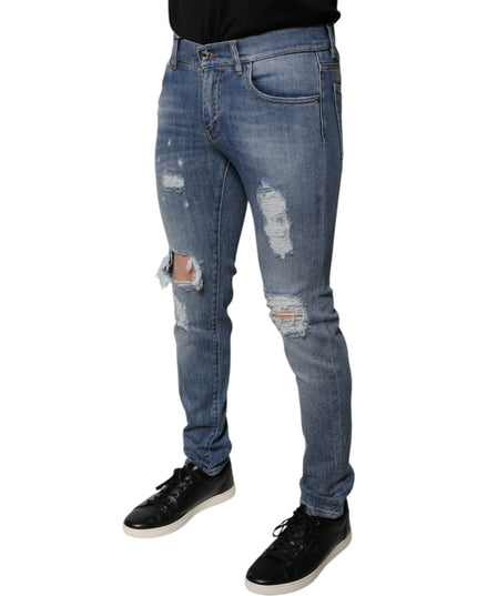 Dolce & Gabbana Blue Tattered Cotton Stretch Skinny Denim Jeans
