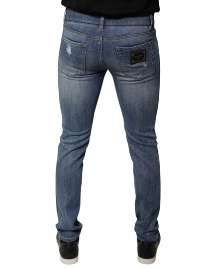Dolce & Gabbana Blue Tattered Cotton Stretch Skinny Denim Jeans
