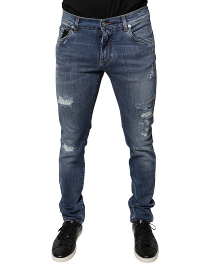 Dolce & Gabbana Blue Tattered Cotton Stretch Skinny Denim Jeans