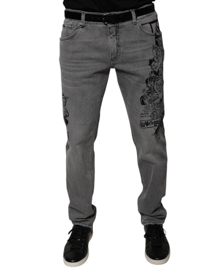 Dolce & Gabbana Gray Graphic Print Cotton Skinny Denim Jeans