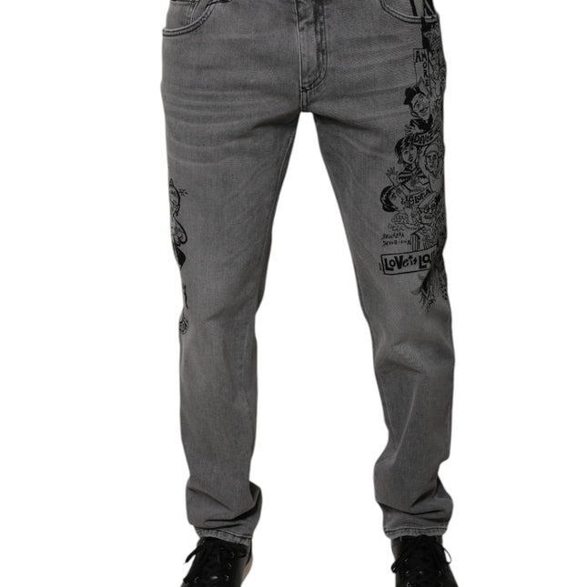 Dolce & Gabbana Gray Graphic Print Cotton Skinny Denim Jeans