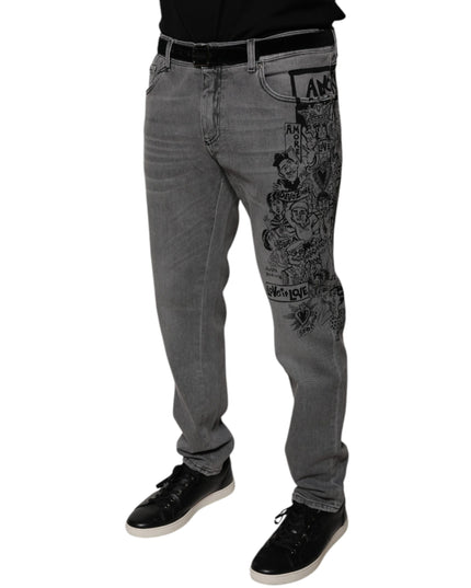 Dolce & Gabbana Gray Graphic Print Cotton Skinny Denim Jeans