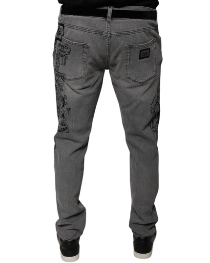 Dolce & Gabbana Gray Graphic Print Cotton Skinny Denim Jeans