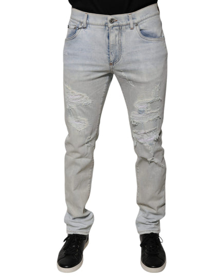 Dolce & Gabbana Light Blue Cotton Blend Tattered Skinny Denim Jeans