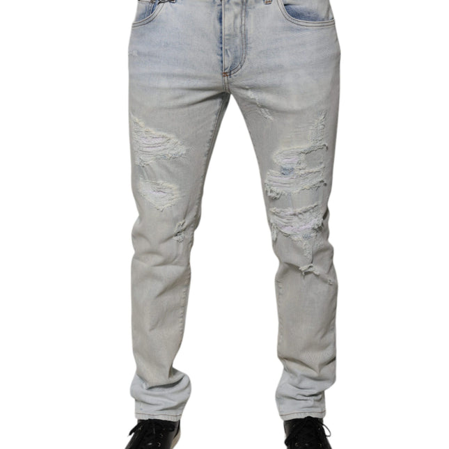 Dolce & Gabbana Light Blue Cotton Blend Tattered Skinny Denim Jeans
