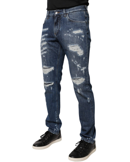 Dolce & Gabbana Blue Cotton Tattered Skinny Denim Jeans