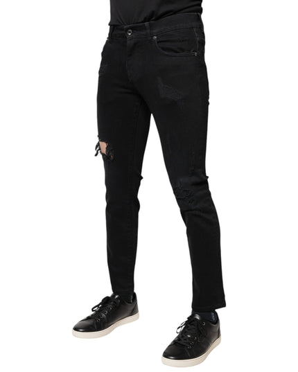 Dolce & Gabbana Black Cotton Tattered Skinny Denim Logo Jeans