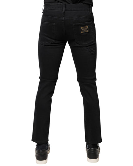 Dolce & Gabbana Black Cotton Tattered Skinny Denim Logo Jeans