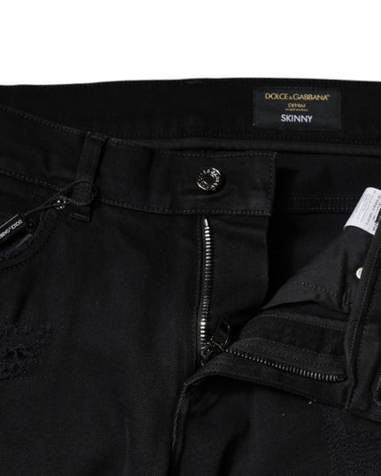 Dolce & Gabbana Black Cotton Tattered Skinny Denim Logo Jeans