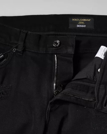 Dolce & Gabbana Black Cotton Tattered Skinny Denim Logo Jeans