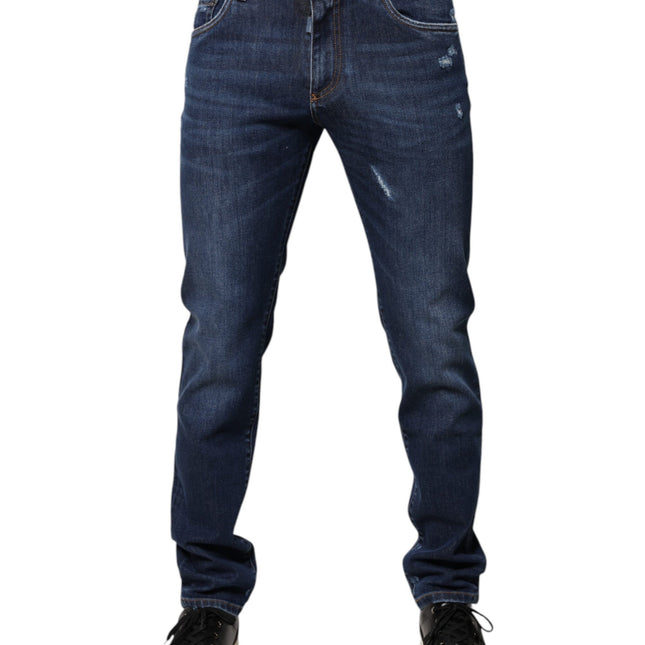 Dolce & Gabbana Blue Cotton Logo Print Slim Fit Denim Jeans