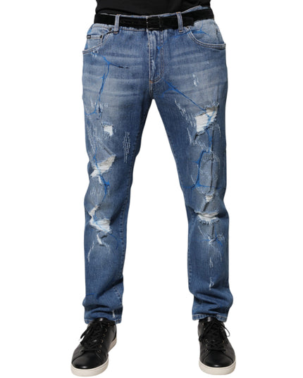 Dolce & Gabbana Blue Cotton Stretch Tattered Skinny Denim Jeans