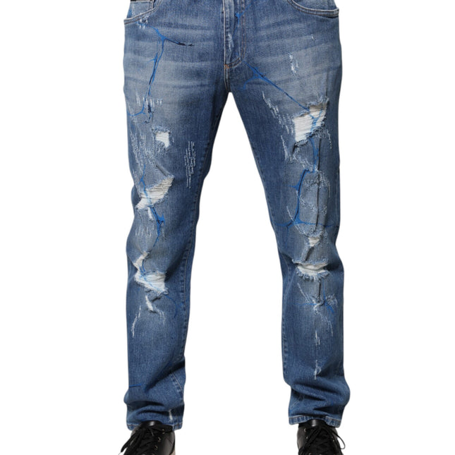 Dolce & Gabbana Blue Cotton Stretch Tattered Skinny Denim Jeans