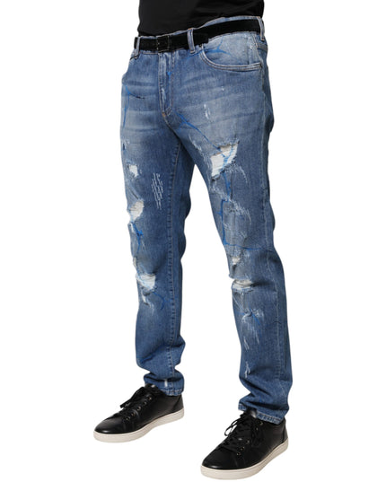 Dolce & Gabbana Blue Cotton Stretch Tattered Skinny Denim Jeans