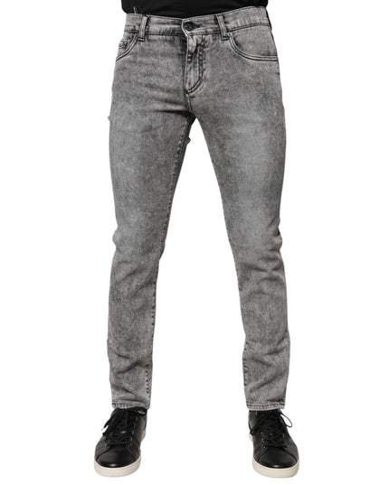 Dolce & Gabbana Gray Logo Plaque Cotton Slim Fit Denim Jeans