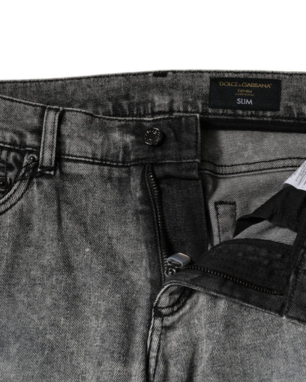Dolce & Gabbana Gray Logo Plaque Cotton Slim Fit Denim Jeans