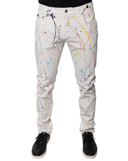 Dolce & Gabbana White Color Splash Print Skinny Denim Jeans