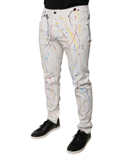 Dolce & Gabbana White Color Splash Print Skinny Denim Jeans