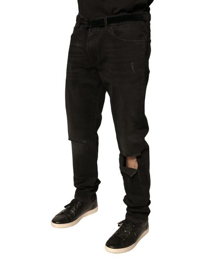 Dolce & Gabbana Black Ripped Logo Cotton Skinny Denim Jeans